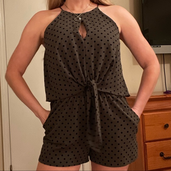 Other - Hunter green and black polka dot romper sz…